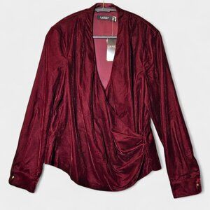 Lauren Ralph Lauren Pleated Velvet Surplice Blouse Burgundy Holidays NWT